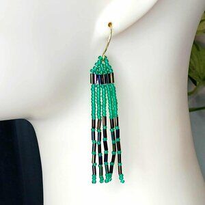 Artisan Green and Black Beaded Earrings, 3"